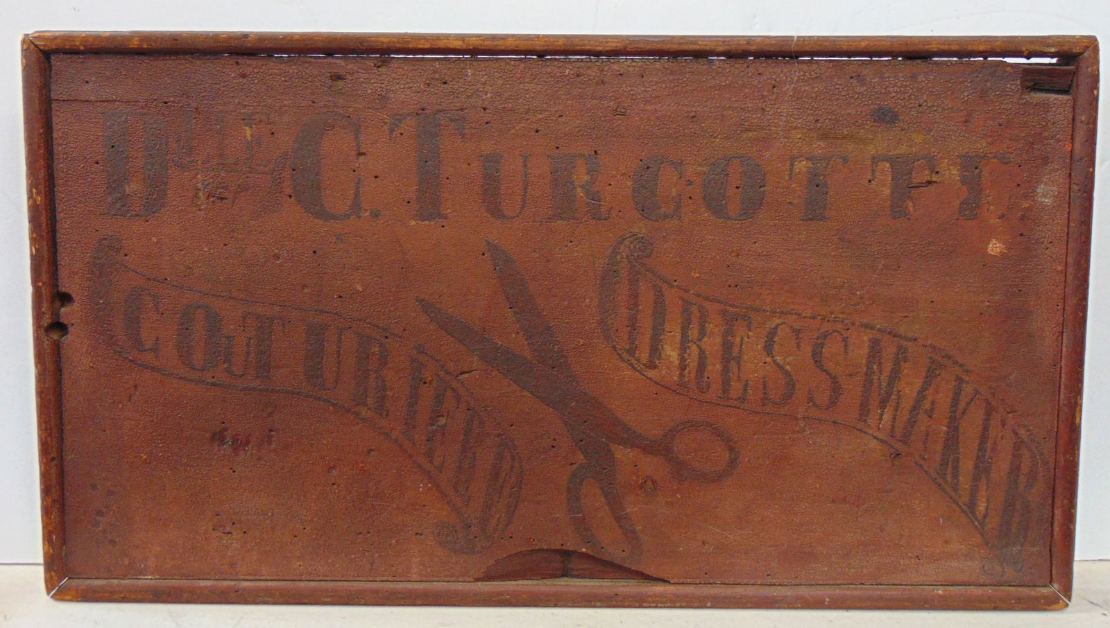 Trade sign, "D LLC. TURCOTTE COUTURIER DRESSMAKER", painted on back of a checker board, 13" x 23 (1 of 7)