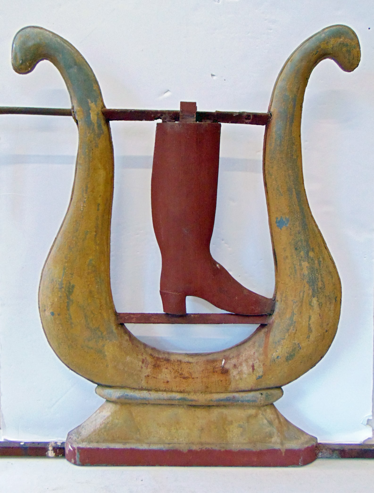 Trade sign, double sided, tin, iron & zinc, boot in bootjack, 19th century, 37 1/2" x 37": Trade sign, double sided, tin, iron & zinc, boot in bootjack, 19th century, 37 1/2" x 37"