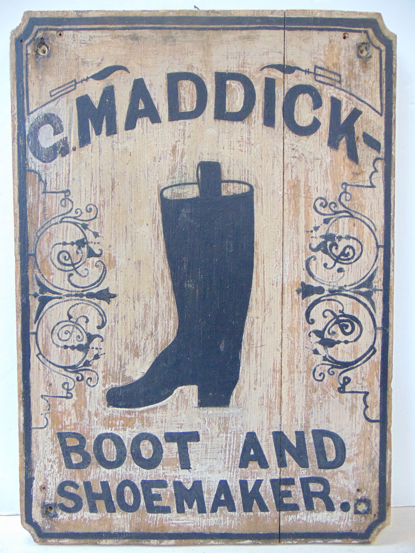 Trade sign, "G. MADDICK BOOT AND SHOEMAKER" painted on board, 19th century, 24" x 14" (1 of 5)