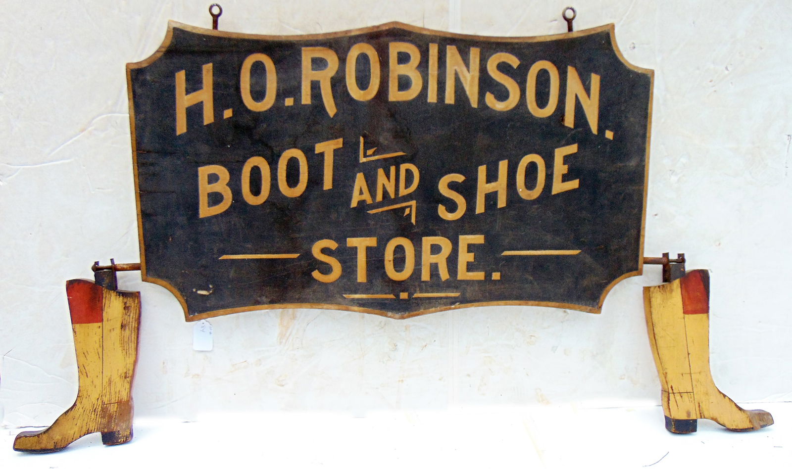 Trade sign "H.O. ROBINSON BOOT AND SHOE STORE" wood, iron and paint 24" x 43" not including swinging (1 of 10)