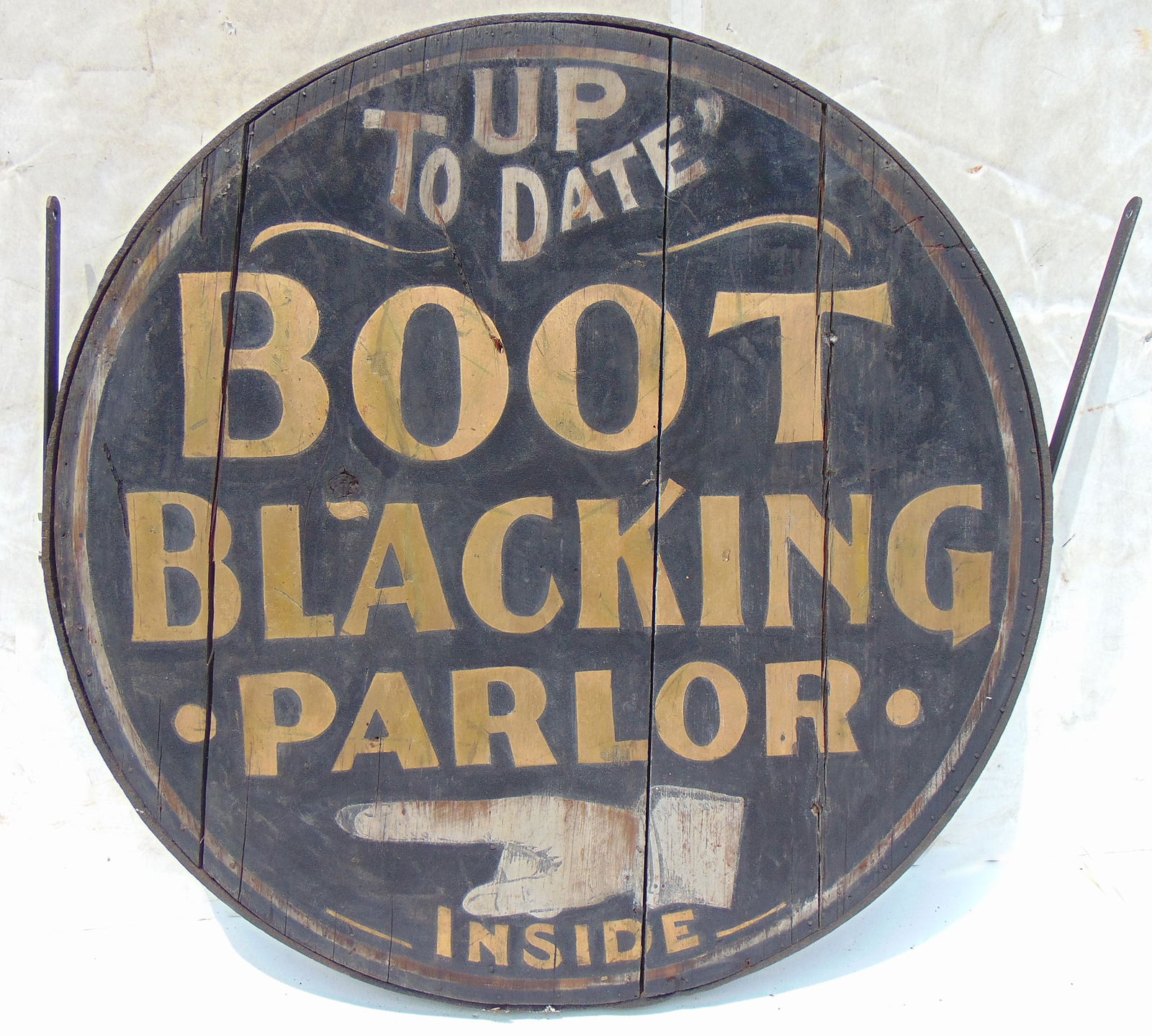Trade sign "UP TO DATE BOOT BLACKING PARLOR" double sided gilt letters on sandpaper black painted (1 of 7)