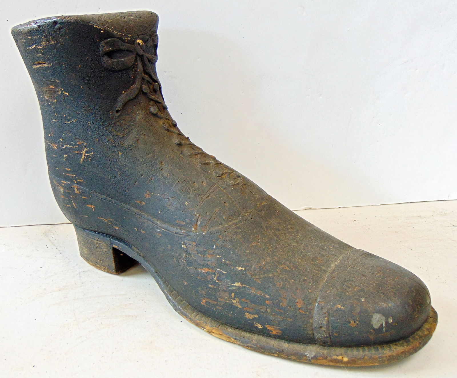 Counter top display shoe, 19th century, carved & painted hight top shoe, black paint over original (1 of 6)