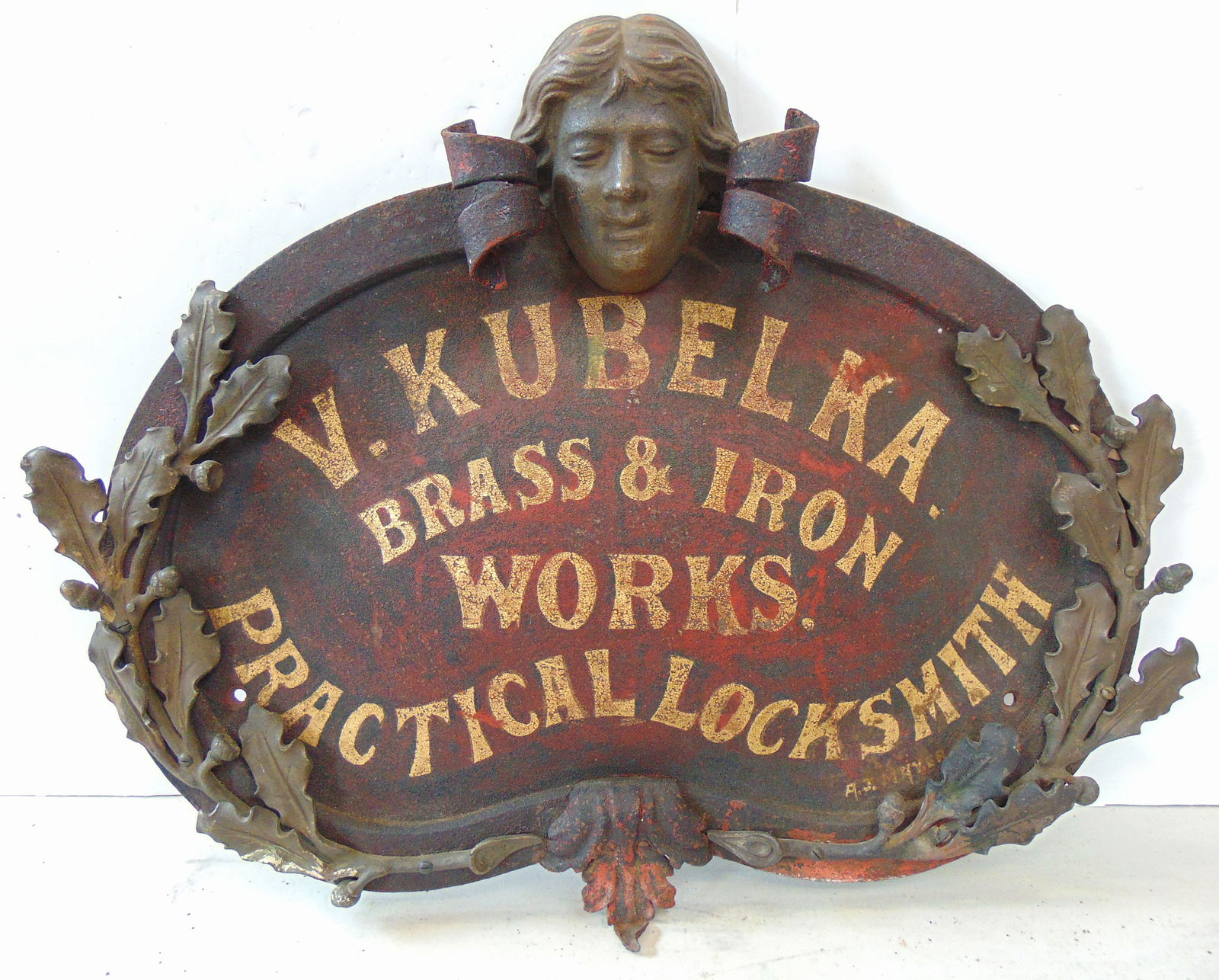 Trade sign, "V.K. UBELKA. BRASS & IRON WORKS. PRACTICAL LOCKSMITH", wrought iron cast brass on a (1 of 7)