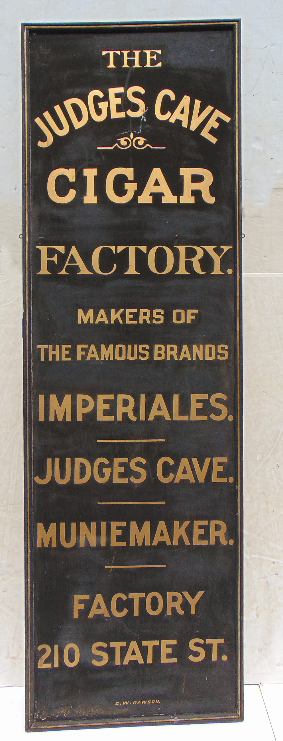 Trade sign ""THE JUDGES CAVE CIGAR FACTORY" gilt letters on black painted tin 29" x 93" (1 of 8)