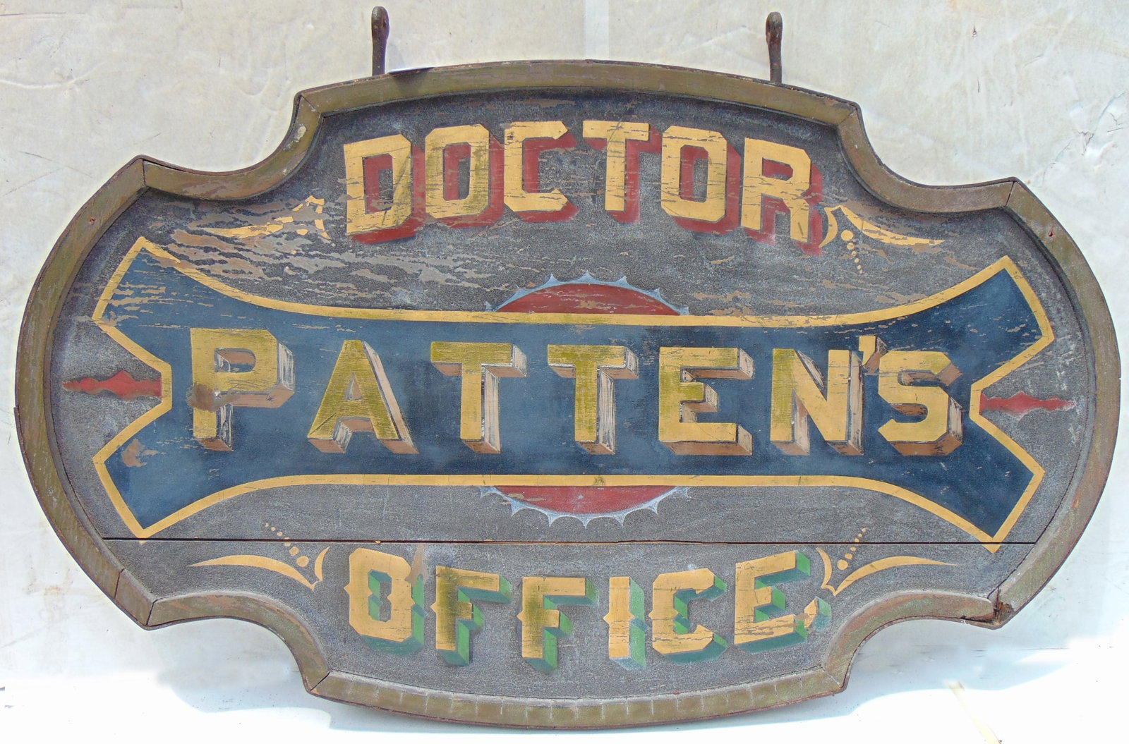 Sign "PATTEN'S DOCTOR OFFICE" iron bound wood polychromed gilt and paint double sided 25" x 41 1/2" (1 of 9)