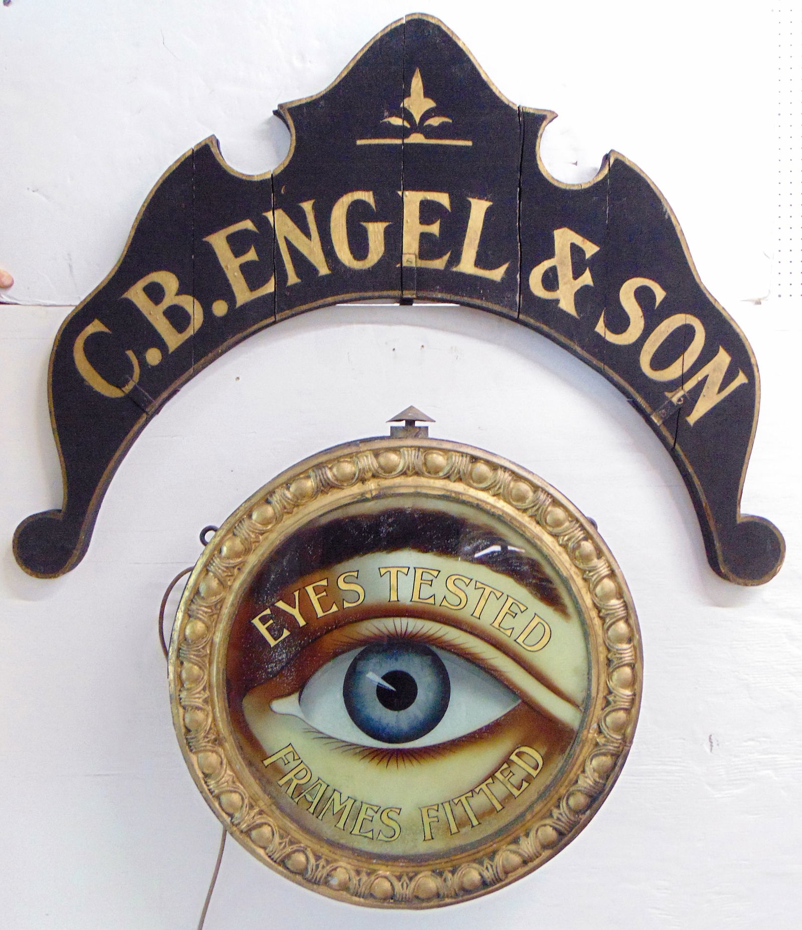 Trade sign "C.B. ENGEL & SON EYES TESTED FRAMES FITTED" Carved banner gilt lettered sign double (1 of 12)