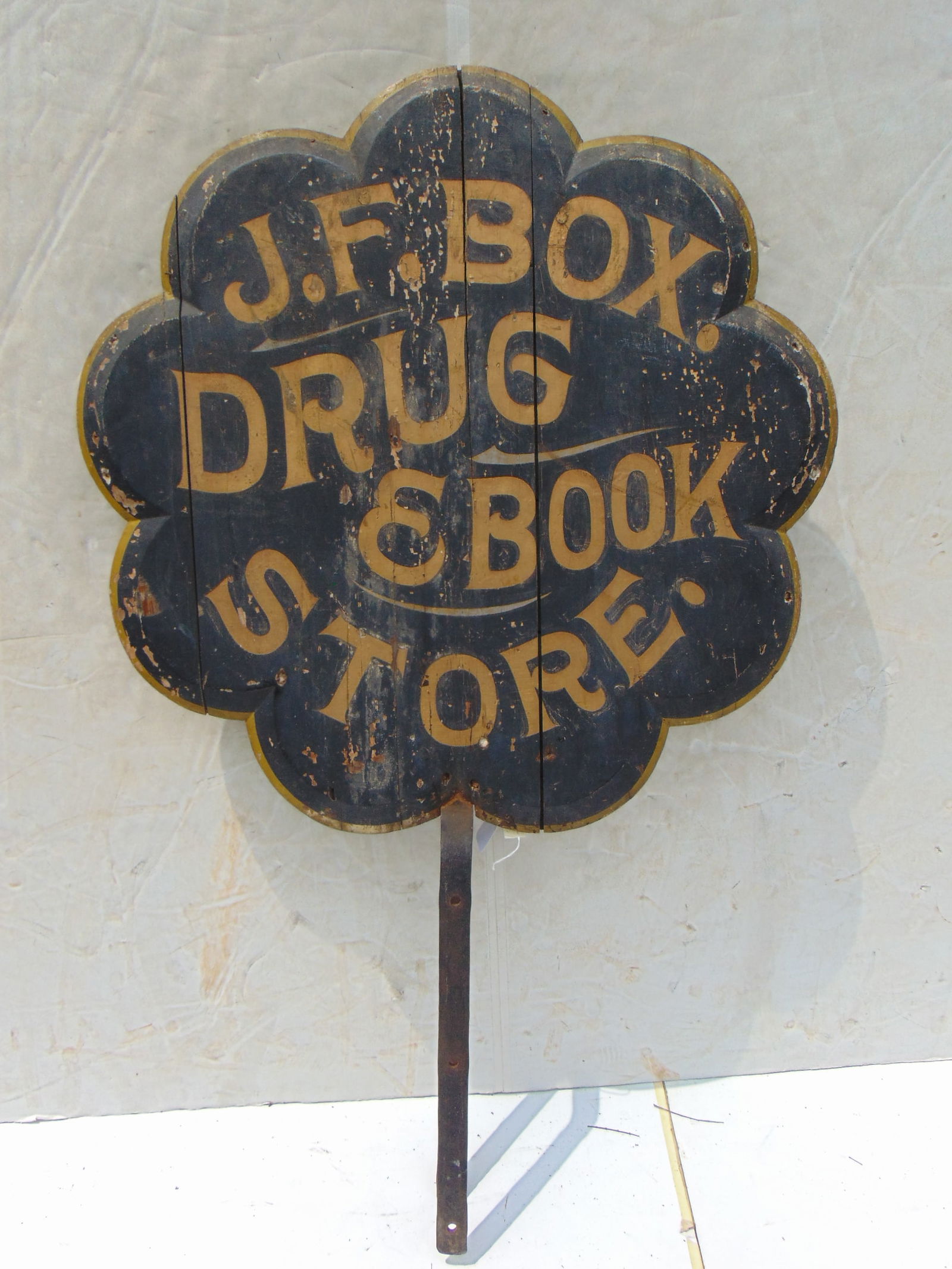Trade sign "J.F. BOX DRUG & BOOK STORE" double sided black paint and gilt 32 1/2" dia. (1 of 7)