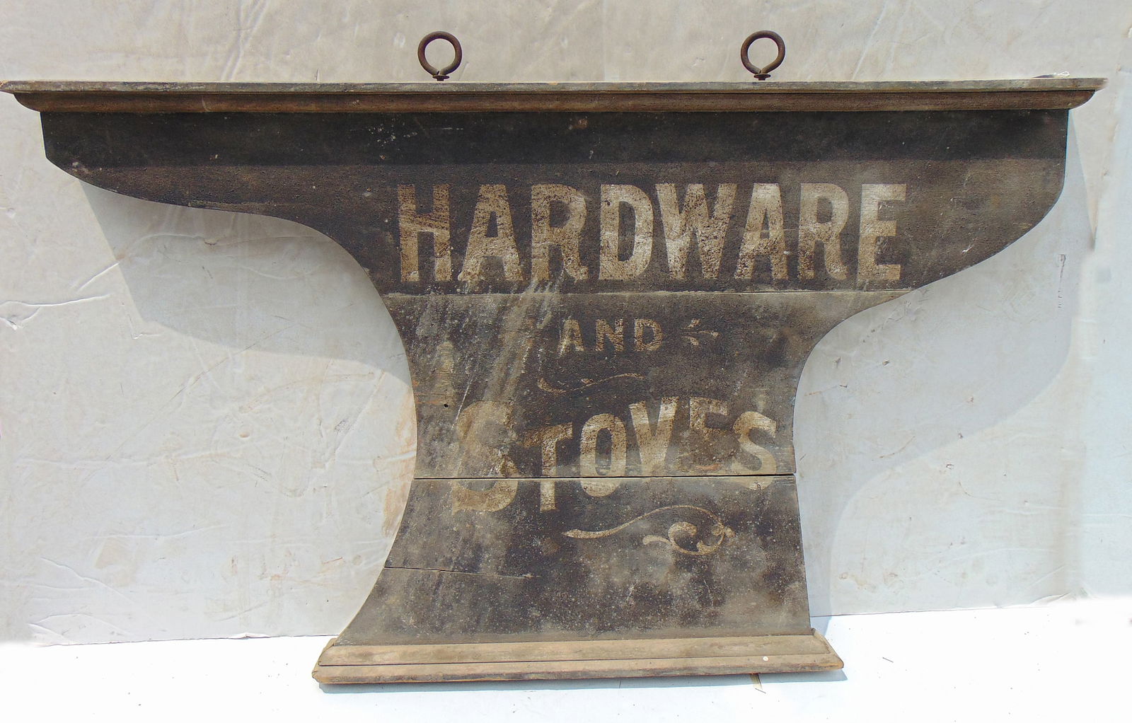Trade sign "HARDWARE AND STOVES" on anvil shaped black painted wood 36"x 63" (1 of 7)