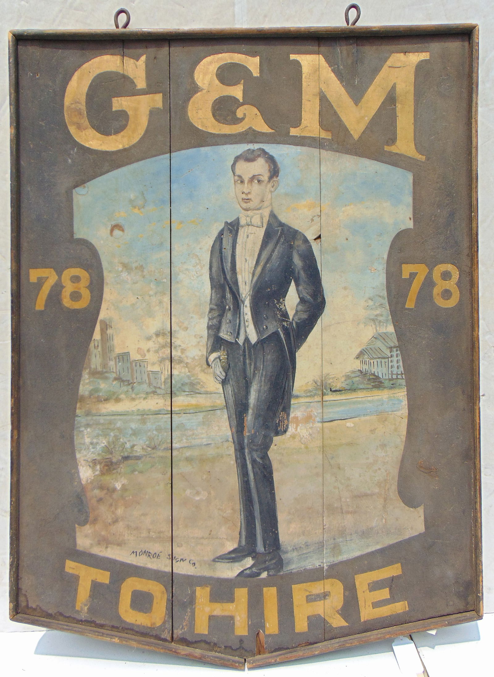 Trade sign "G & M TO HIRE" double sided showing different clothing, gilt lettering paint decoration (1 of 10)