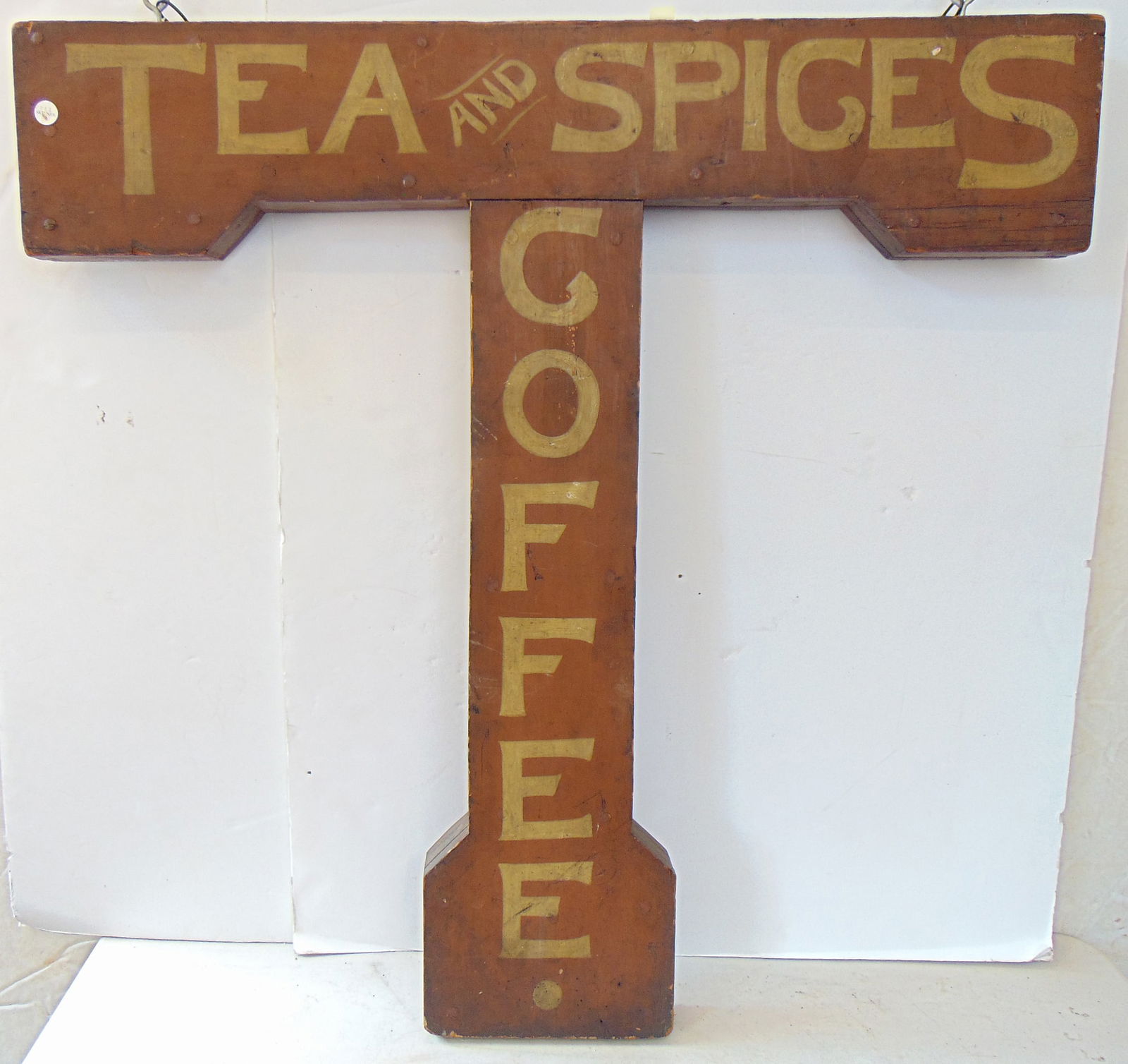 Trade sign, double sided, "TEA  AND SPICES COFFEE" T shaped wooden sign, ex Skinner, 41" x 41" x 2 (1 of 9)