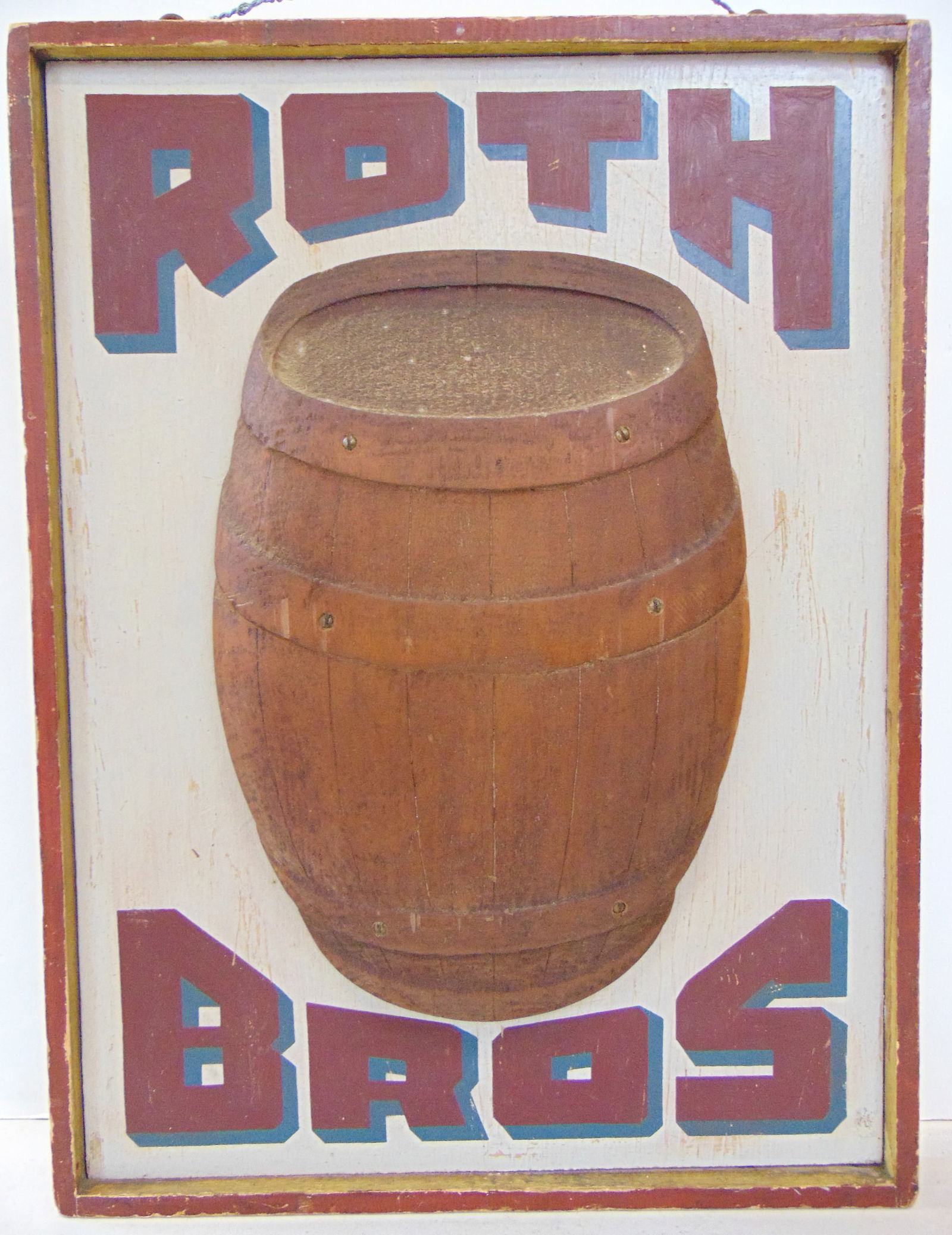 Trade sign, painted wood w/ applied barrel, "ROTH BROS" probably coopers, 24" x 18" (1 of 7)