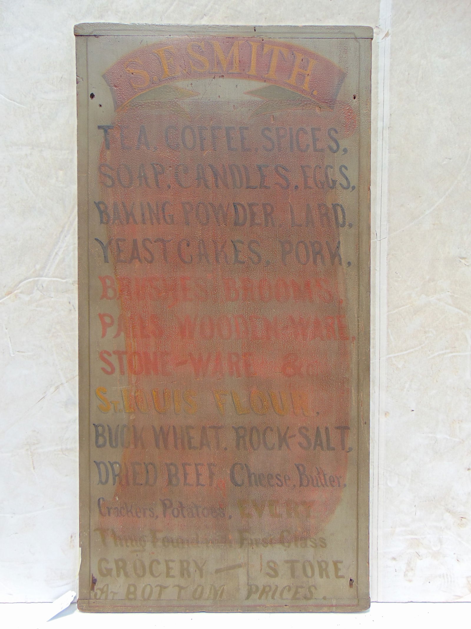 Trade sign "S.E.SMITH.....GROCERY STORE aT BOTTOM PRICES" breadboard end wood panel 24" x 48" (1 of 6)