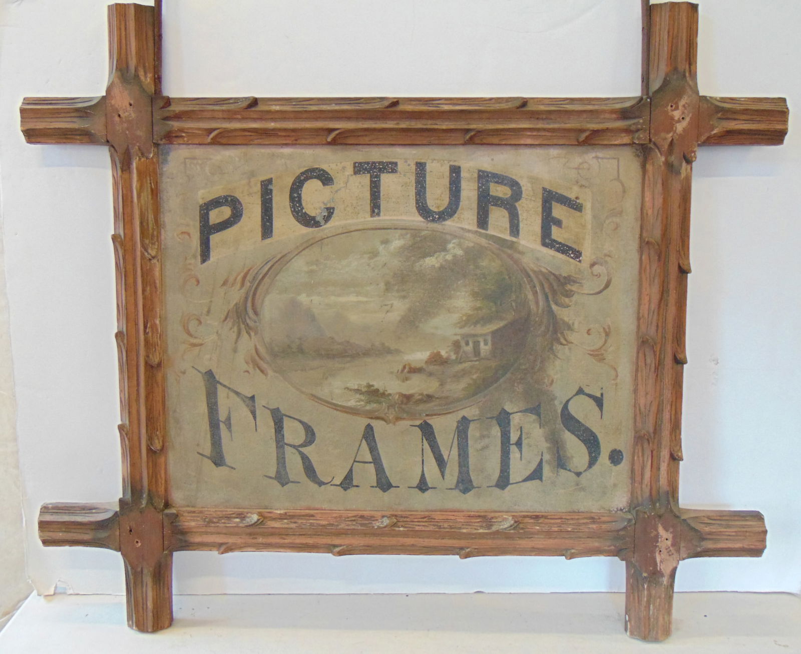 Trade sign, double sided, on tin w/ carved walnut frame, "PICTURE FRAMES" each side depicts a (1 of 7)