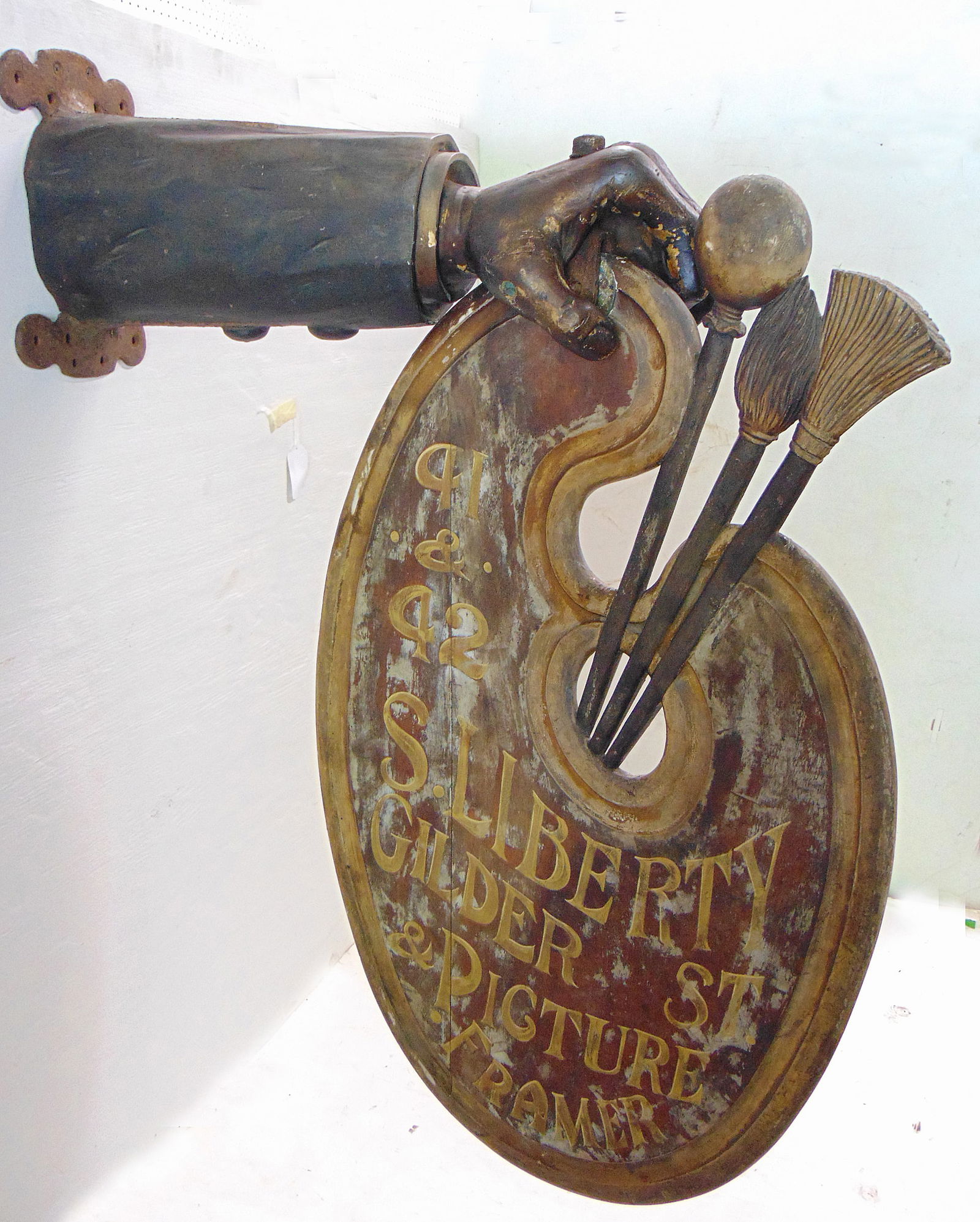 Trade sign "41 & 42 S. LIBERTY ST. GILDER & PICTURE FRAMER" carved three dimensional wooden board (1 of 8)