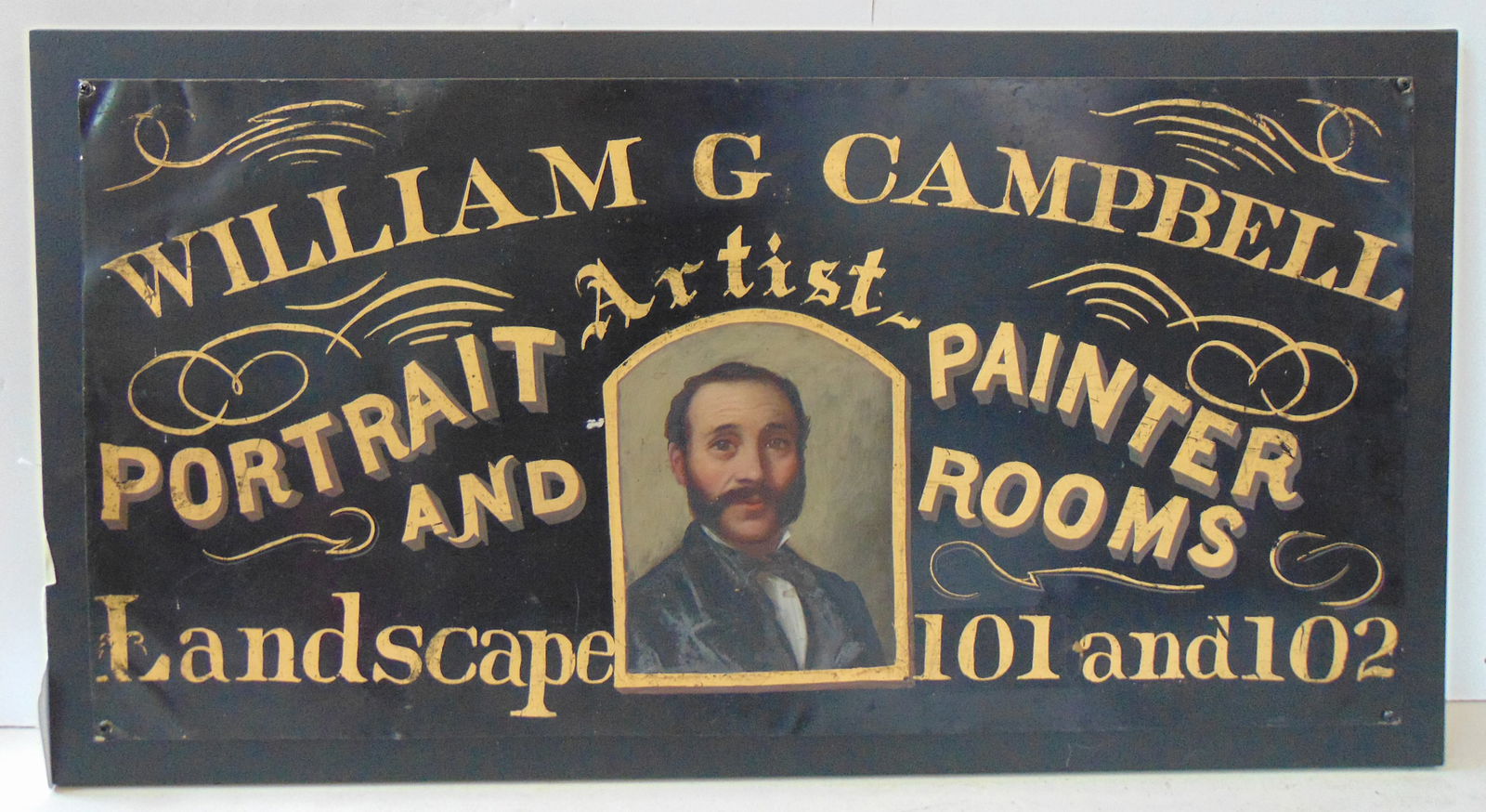 Trade sign gilt & painted tin mounted on display board, "WILLIAM G CAMPBELL PORTRAIT AND ROOMS (1 of 8)