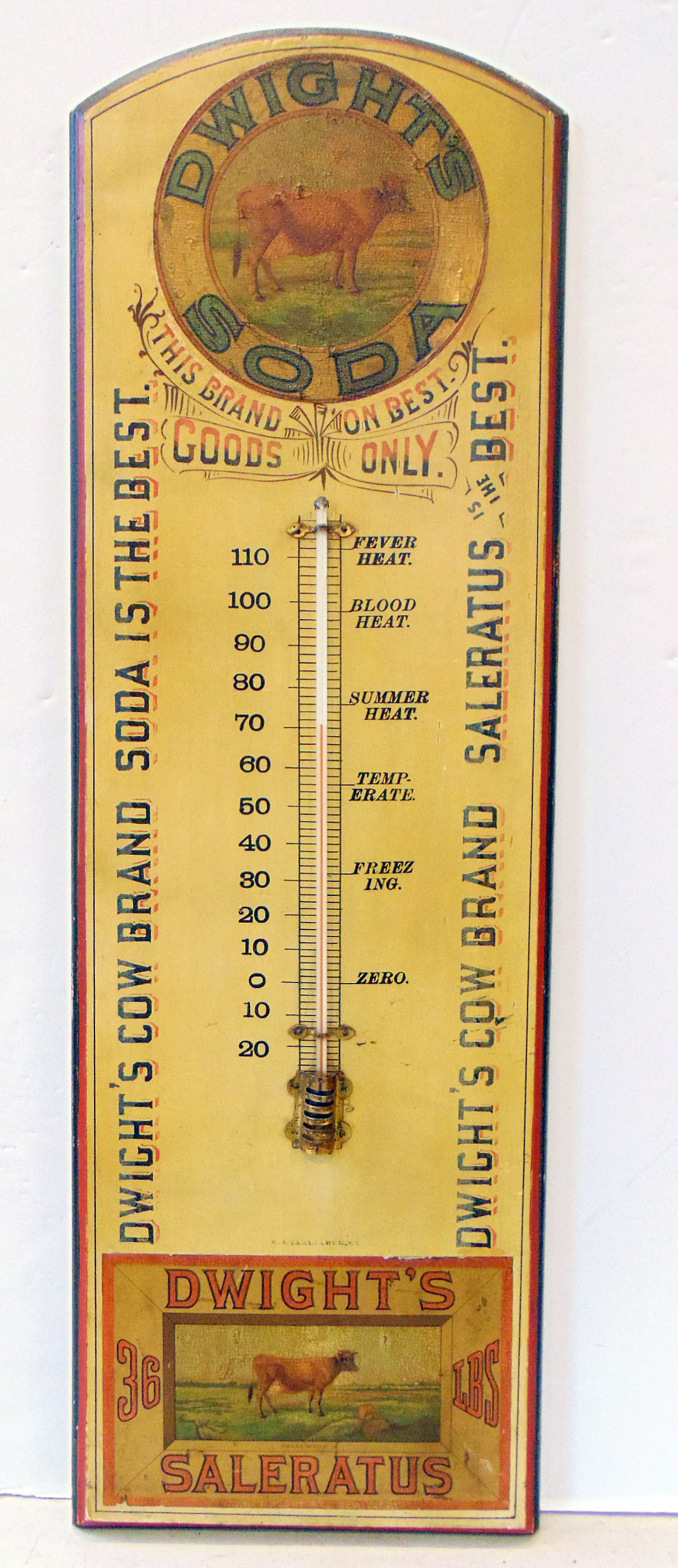 Trade sign, thermometer, "DWIGHT"S SODA", painted wood sign w/ lithograph appliques by sign maker C. (1 of 7)