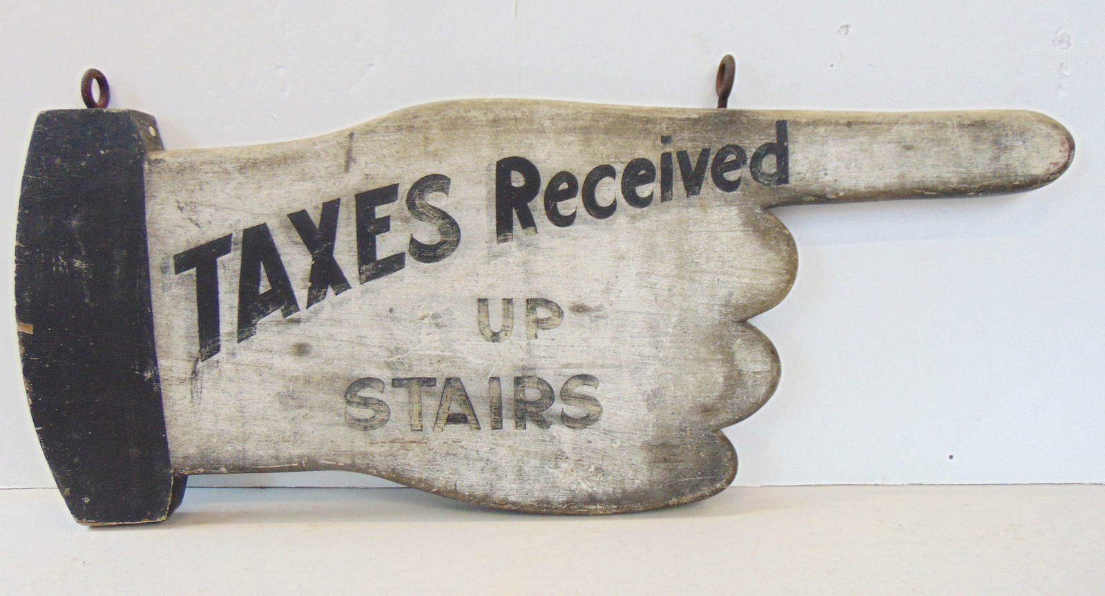 Sign double sided, carved & painted wood, "Taxes Received Upstairs", 13" x 33 1/2" (1 of 6)
