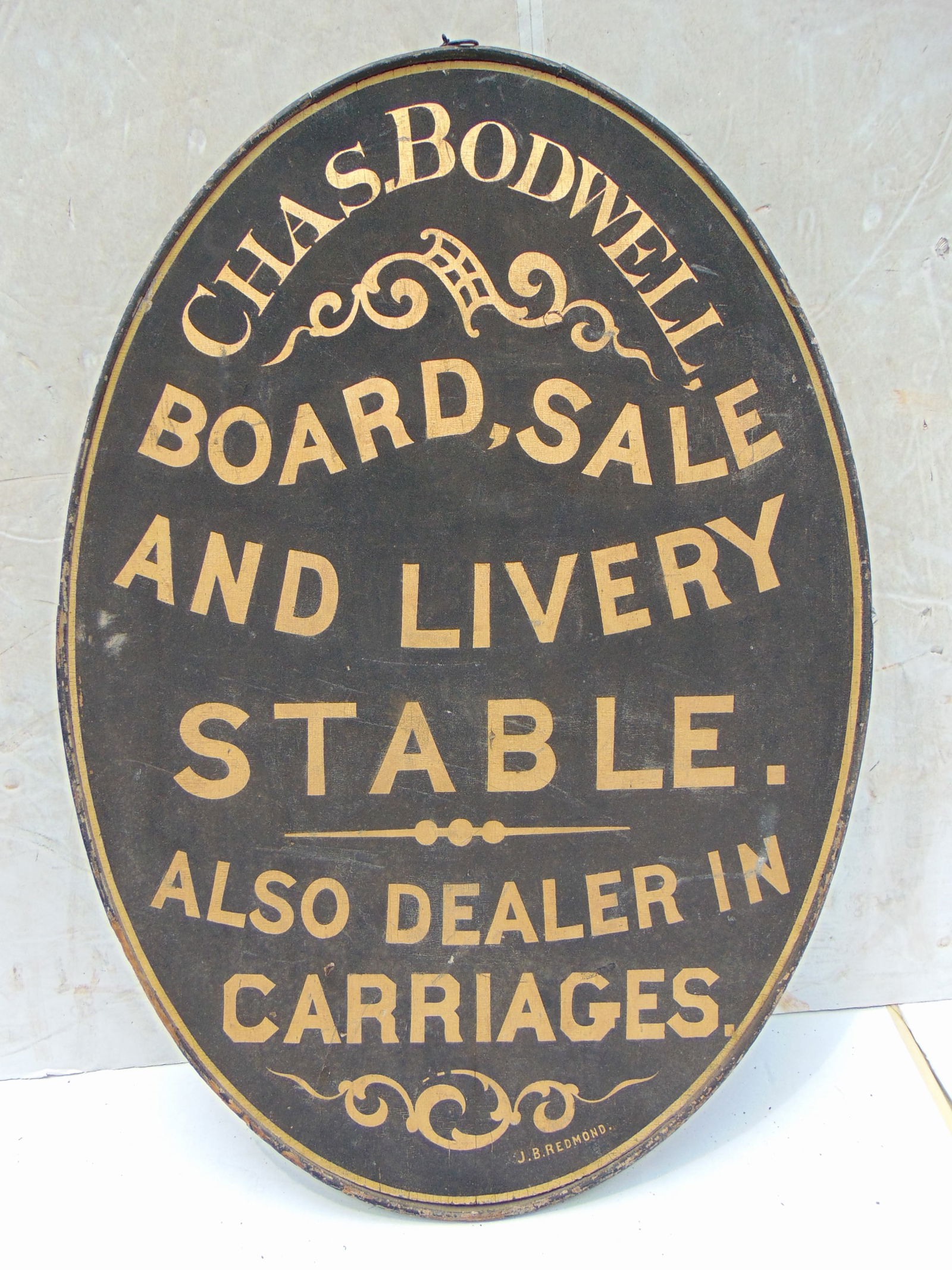 Trade sign "CHAS. BODWELL BOARD, SALE AND LIVERY STABLE" double sided gilt letters and sandpaper (1 of 11)