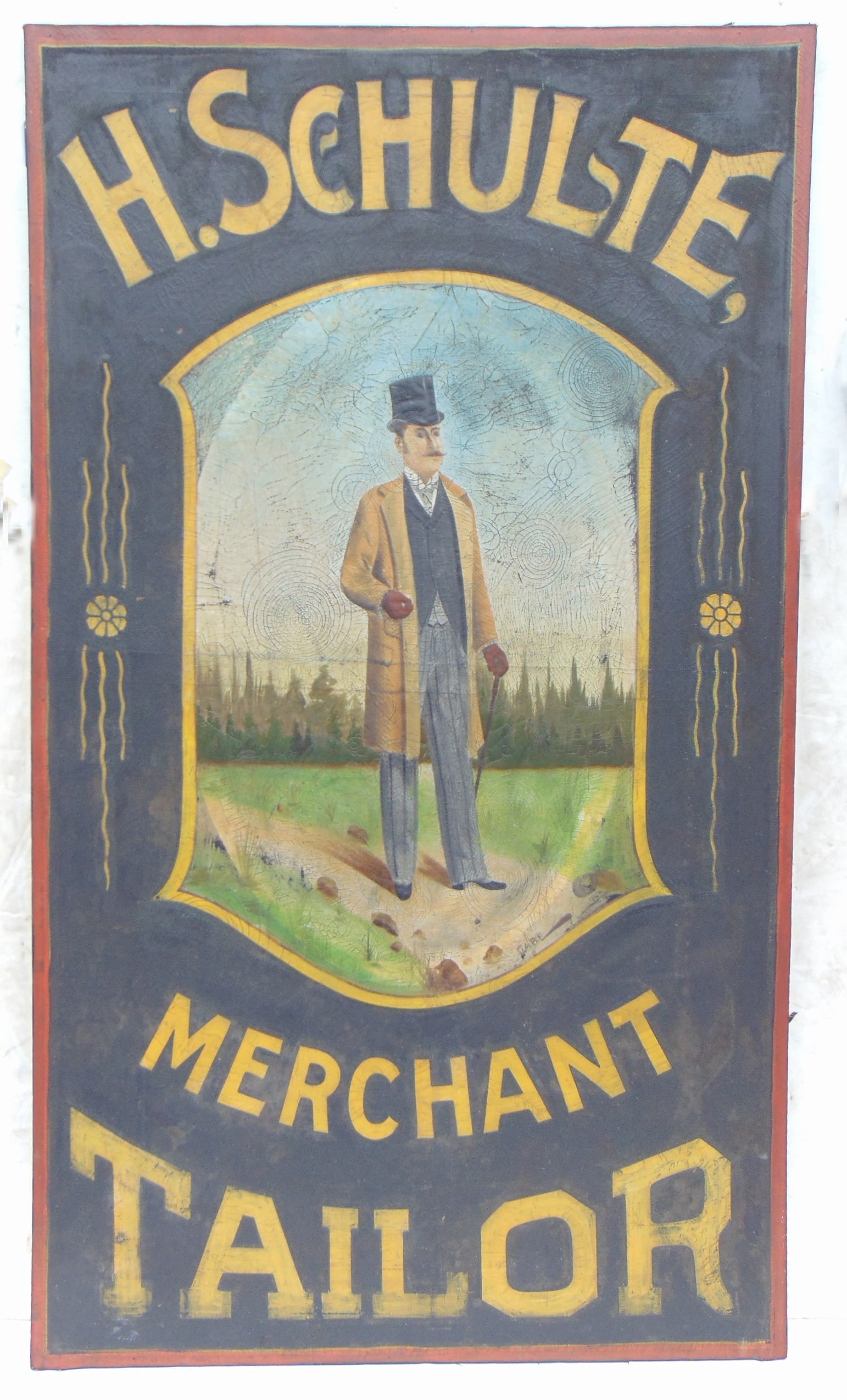 Trade sign "H.SCHULTE, MERCHANT TAYLOR", oil on canvas, black background with gold lettering and (1 of 9)