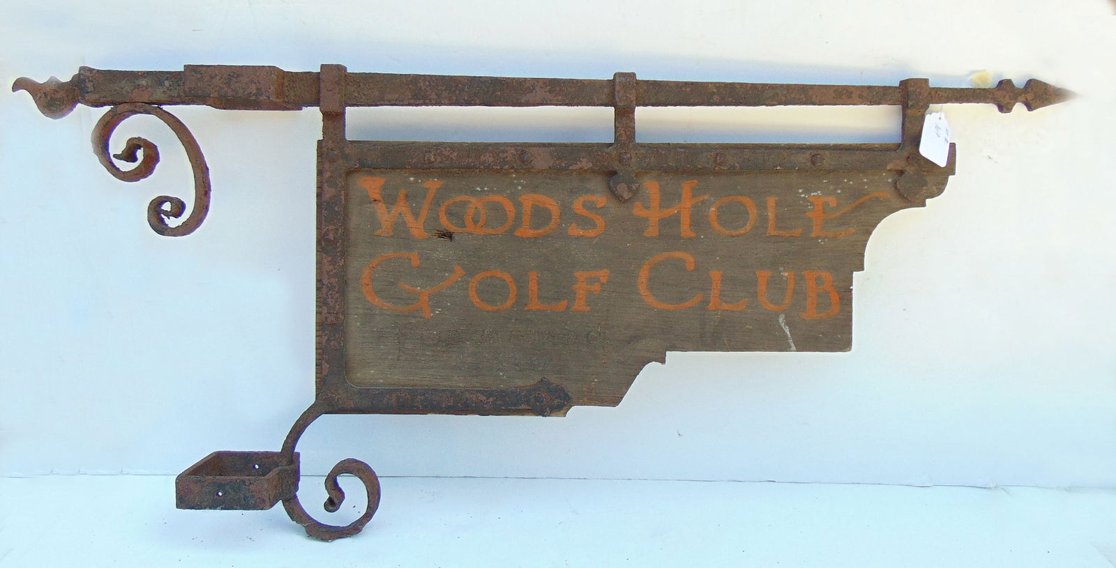 Sign "WOOD'S HOLE GOLF CLUB" painted wood with wrought iron bracket made for post Cape cod MA ca (1 of 3)