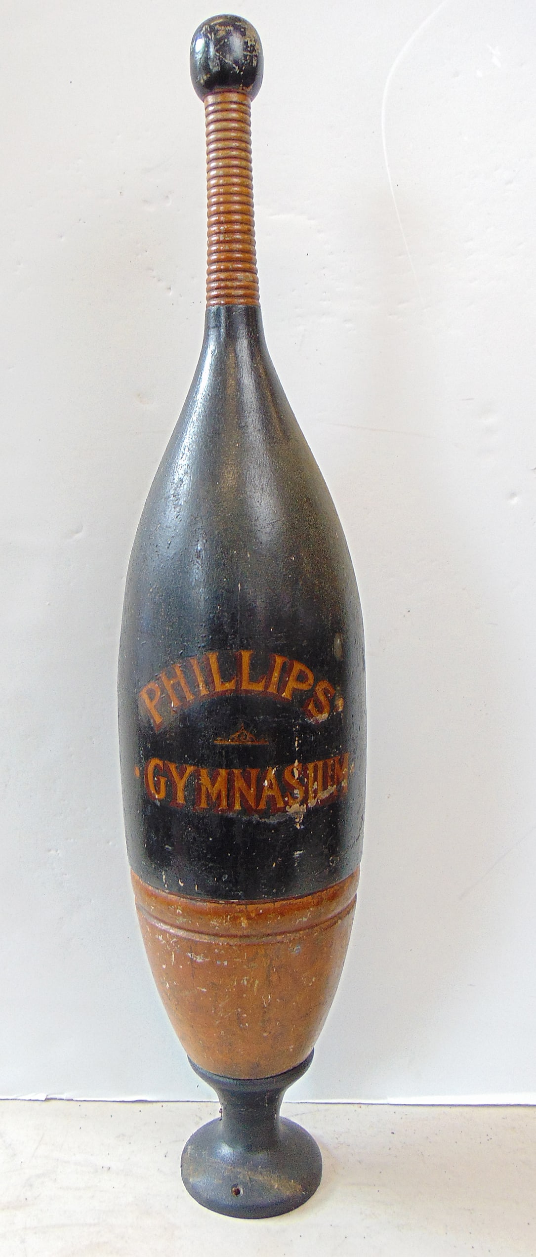 Trade sign, "PHILLIPS GYMNASIUM" gilt decoration on exercise Indian club, on modern base, 35" height (1 of 6)