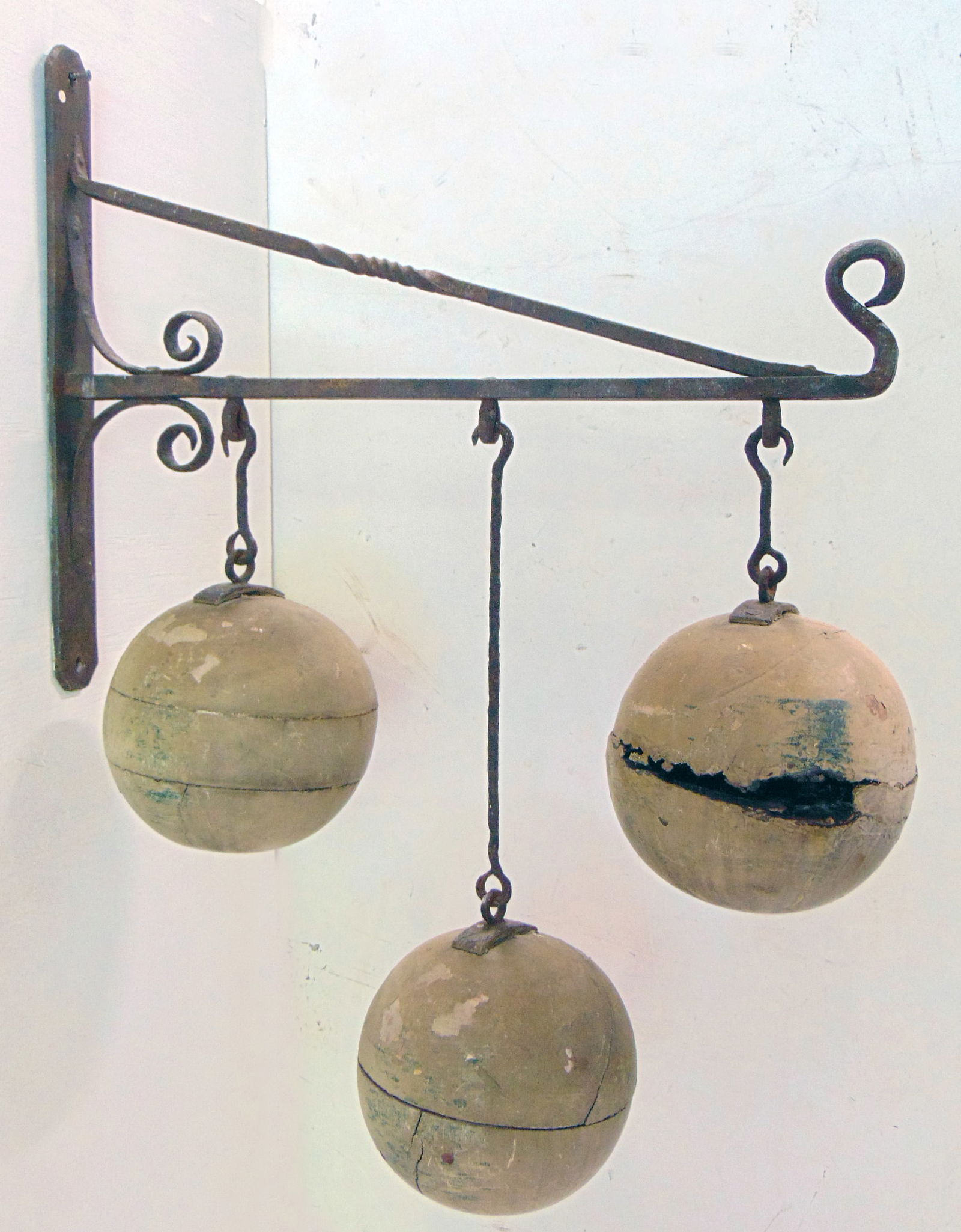 Trade sign pawn broker painted wooden balls and wrought iron bracket 24" with 7 1/2" balls (1 of 6)