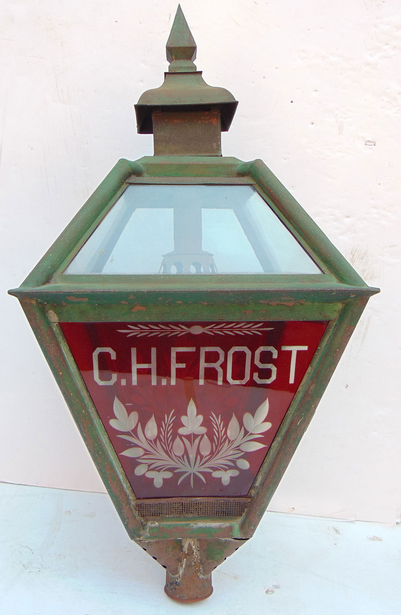 Tin post lantern, tin smith made kerosene lantern with ruby flashed engraved panels, "C.H. Frost" (1 of 10)
