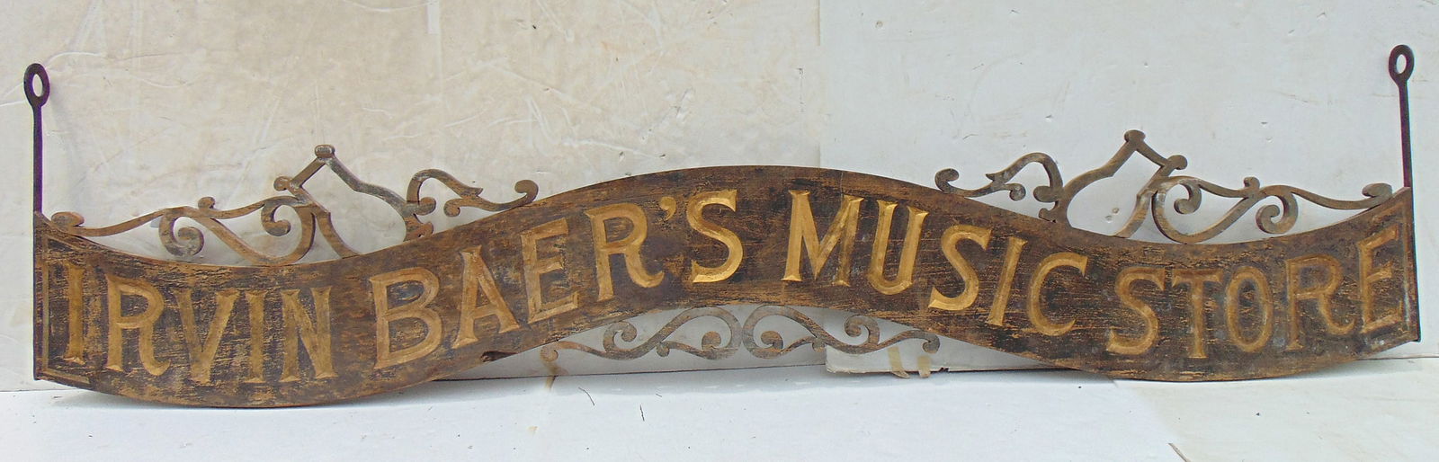 Trade sign "IRWIN BAER'S MUSIC STORE" double sided carved painted letters on wooden banner 28" x (1 of 11)