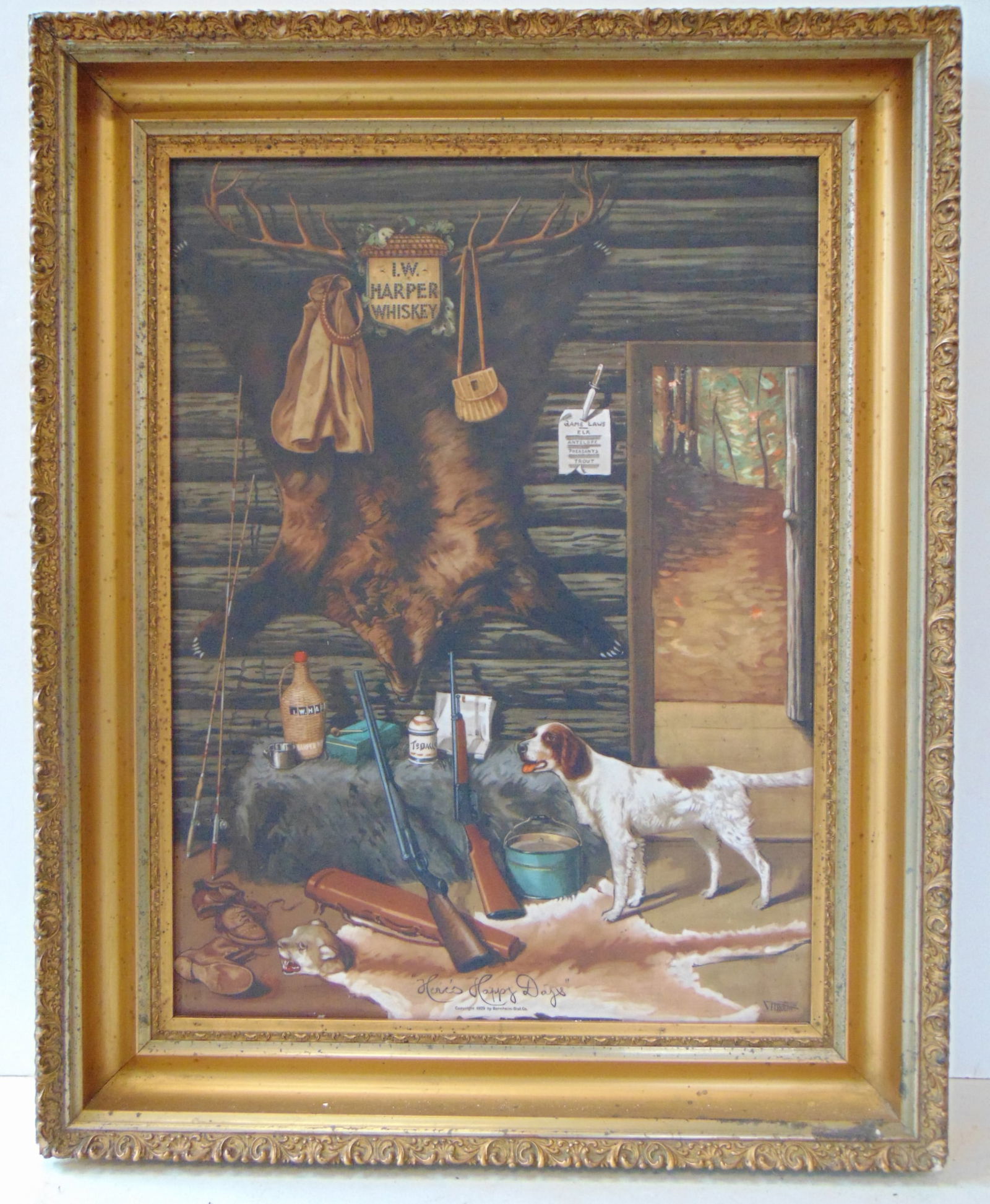 Trade sign "I. W. HARPER WHISKEY" by VITROLITE lithograph on milk glass in gilt frame, overall 24" x (1 of 8)