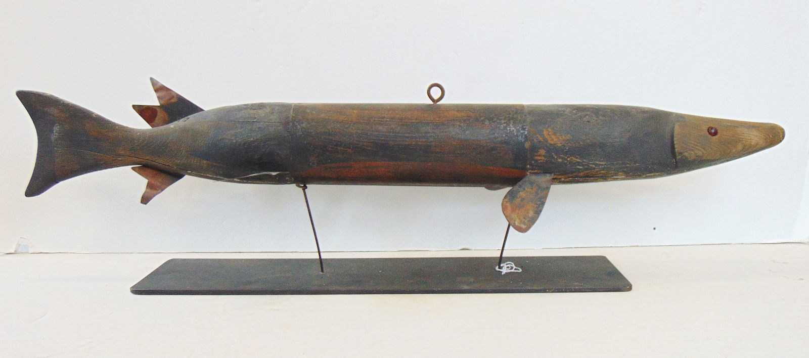 Fish lure w/ glass eyes, wood body w/ tin fins, 38" total length (1 of 8)