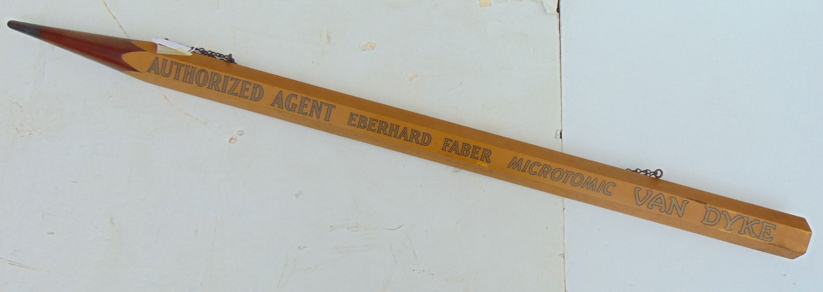 Pencil trade sign,"AUTHORIZED AGENT EBERHARD FABER MICROTOMIC VAN DYKE", painted & carved wood, 60" (1 of 5)