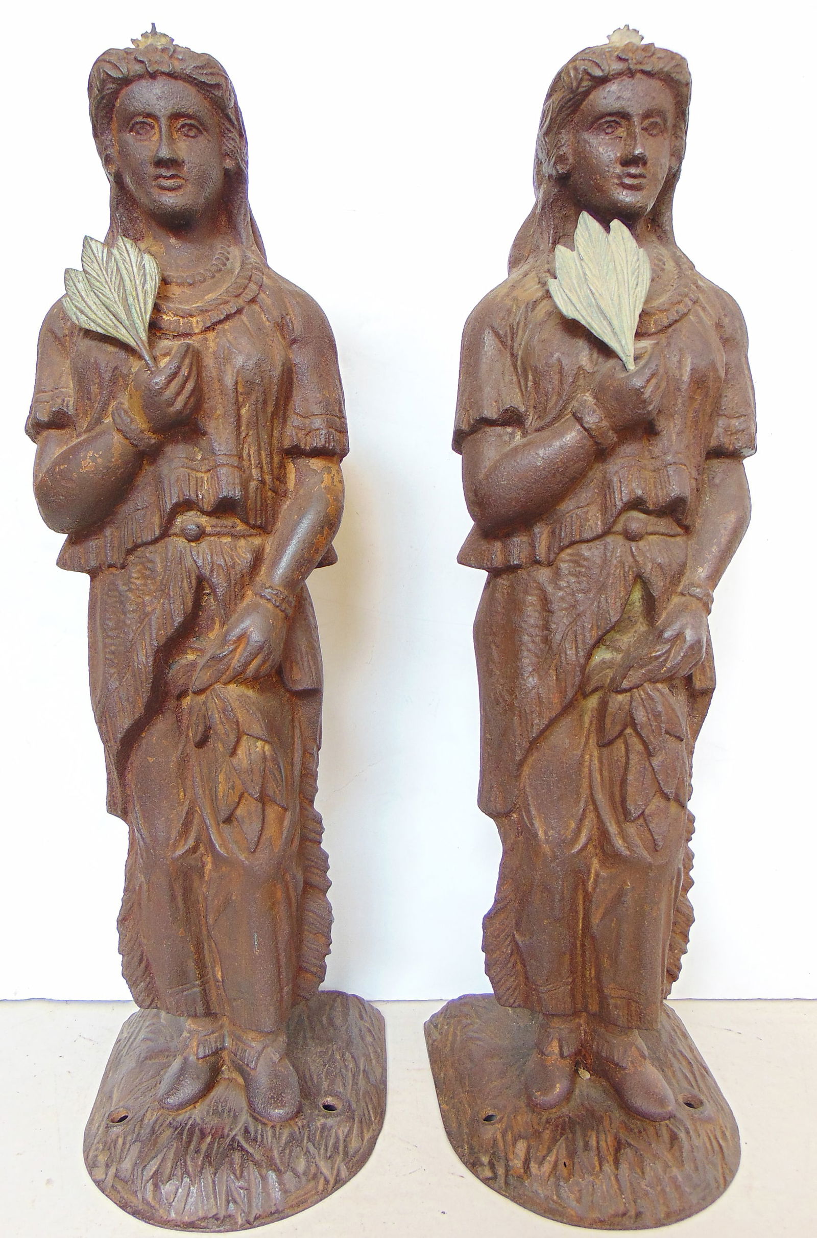 Two cast iron counter top cigar store Indian Princess figures with bronze tobacco leaf and remnants (1 of 10)