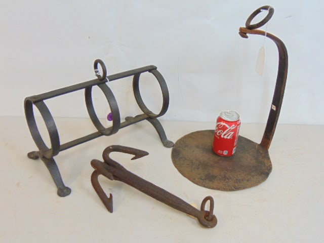 3 pieces wrought iron, dredging hook, scale arm, and clay pipe drying rack, 18th Century, ex (1 of 4)