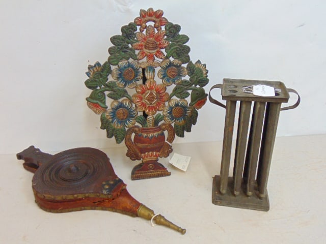 Tole floral decorated candle sconce, candle mold & wood bellows, candle sconce with polychrome: Tole floral decorated candle sconce, candle mold & wood bellows, candle sconce with polychrome floral decoration.