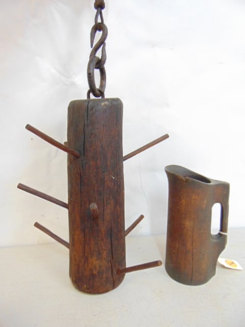 Primitive wood candle dryer & carved wood pitcher, treenware, candle dryer is 14.5" long, excluding (1 of 5)