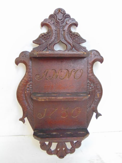 18th Century spoon rack, 3 shelves flanked by birds, "Anno 1730", 24.25" tall (1 of 5)