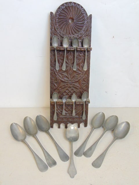 Carved wood spoon rack with assorted Pewter spoons, rack is dated 1722, 16" tall (1 of 5)