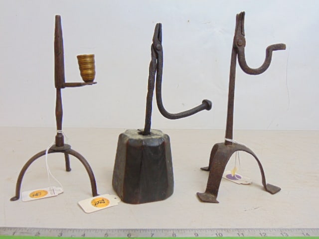 3 wrought iron rushlights, one on wood base, one also has candle cup, ex Sotheby's (1 of 5)