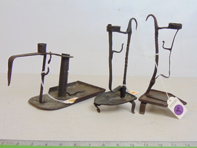 3 primitive wrought iron candle holders, 18th Century, ex Sotheby's (1 of 5)