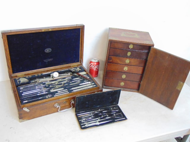 Small butlers style traveling chest & elaborate drafting set by Pracision, E.O. Richter & Co, (1 of 8)