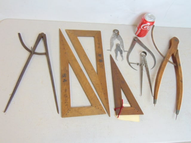 Lot tools, triangles, caliper tools, including one with legs, wood calipers, two triangles have (1 of 6)