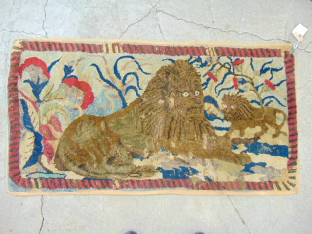 Pictorial hooked rug with lion scene, rug is 32" by 61" (1 of 4)
