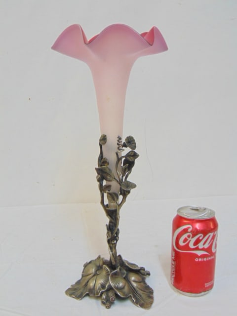 Epergne, leaf & floral decorated silverplate base with peach glass insert, trumpet style, frosted to: Epergne, leaf & floral decorated silverplate base with peach glass insert, trumpet style, frosted to pink, height is 15", good condition