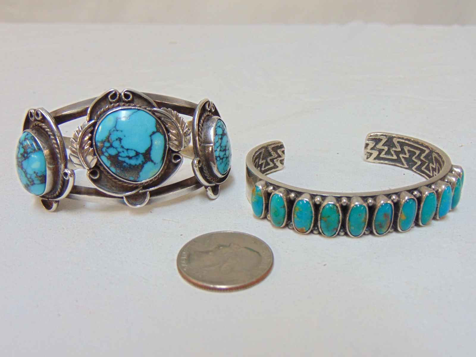 Jewelry. 2 Vintage Sterling Turquoise Cuff Bracelets, 11 Stone W