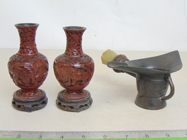 Two cinnabar vases & antique Chinese bronze vessel with carved stone handle, vases come with wood (1 of 7)