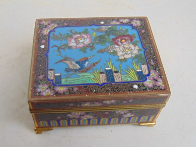 Small lidded cloisonne box with bird decoration, hinged lid, also has decorations inside, box is (1 of 6)