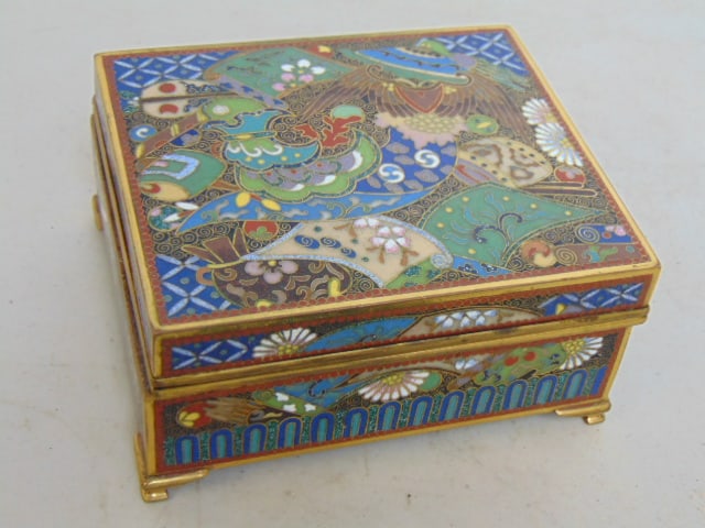 Cloisonne lidded box, floral & wings decoration, box is 4.25" by 3 5/8", height is 2" (1 of 7)
