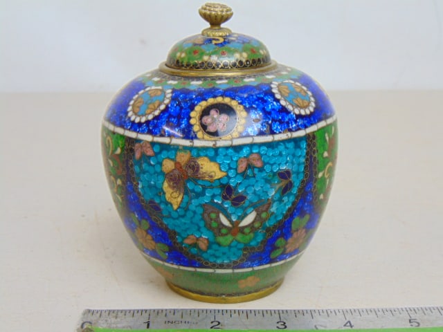 Small cloisonne lidded jar, vibrant blue colors, good condition, height is 4.5" (1 of 4)