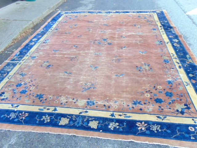 Room Size Chinese carpet, brown field decorated with flowers, butterflies, blue border, 11'4" by (1 of 8)