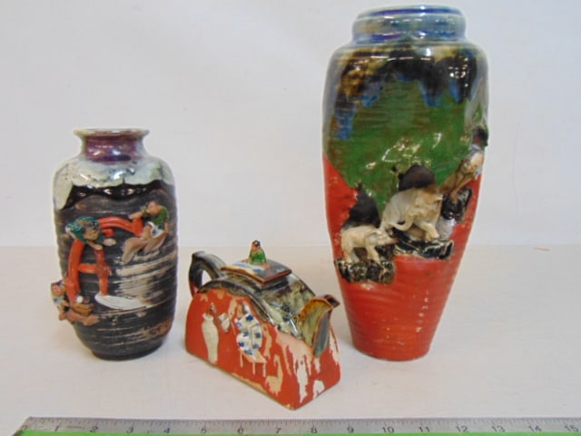 3 Japanese Sumida Gawa pottery pieces, elephant decorated vase, 11.75" tall, small vase with (1 of 8)